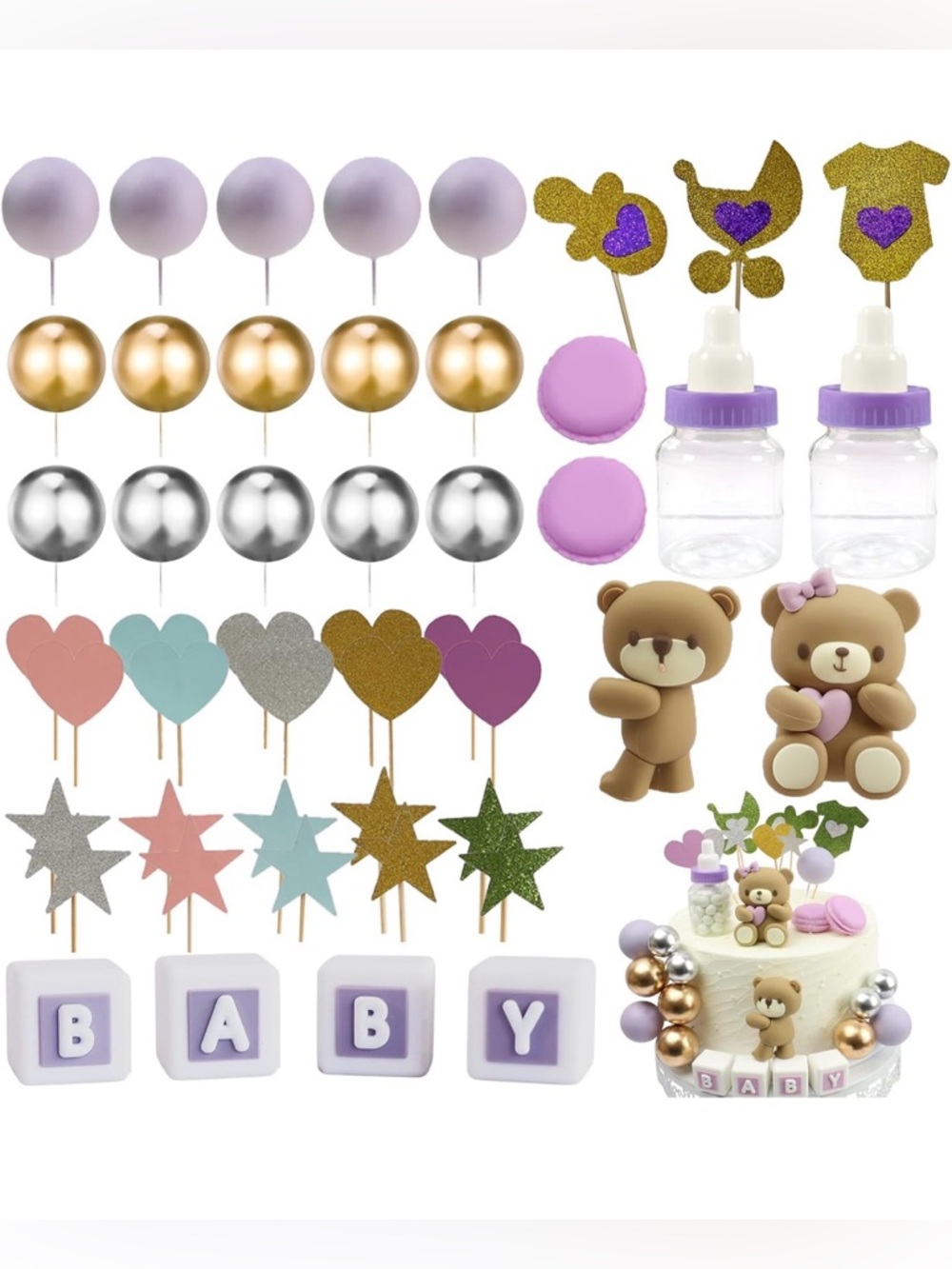 💜Bear Cake Topper, Girls Birthday Cake Toppers Mini 3D Bear 48PCS Cupcake Deco